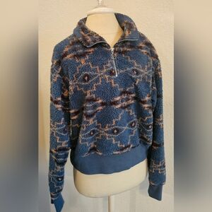 ROCK & ROLL Denim Western Aztec Print Cozy Fleece 3/4 Zip Teal/Brown Large